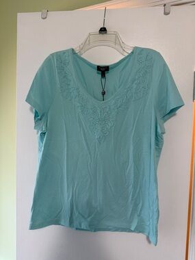 Talbots Aqua Embroidered V-Neck Short Sleeve Tee - Light Aqua